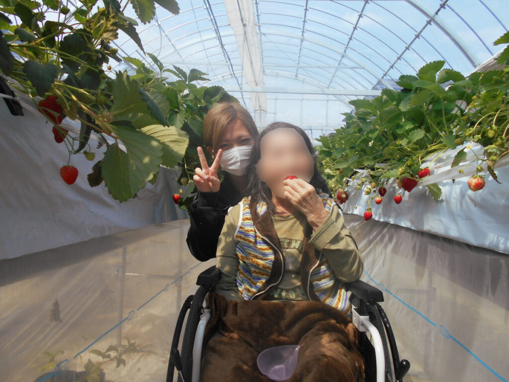 特別養護老人ホーム　ル・リアンふかみの「いちご狩りレクリエーション」の様子。摘んだいちごをほおばるご利用者様と、施設職員。