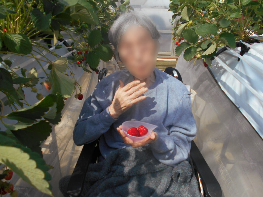 特別養護老人ホーム　ル・リアンふかみの「いちご狩りレクリエーション」の様子。摘んだいちごを手に持ったご利用者様。